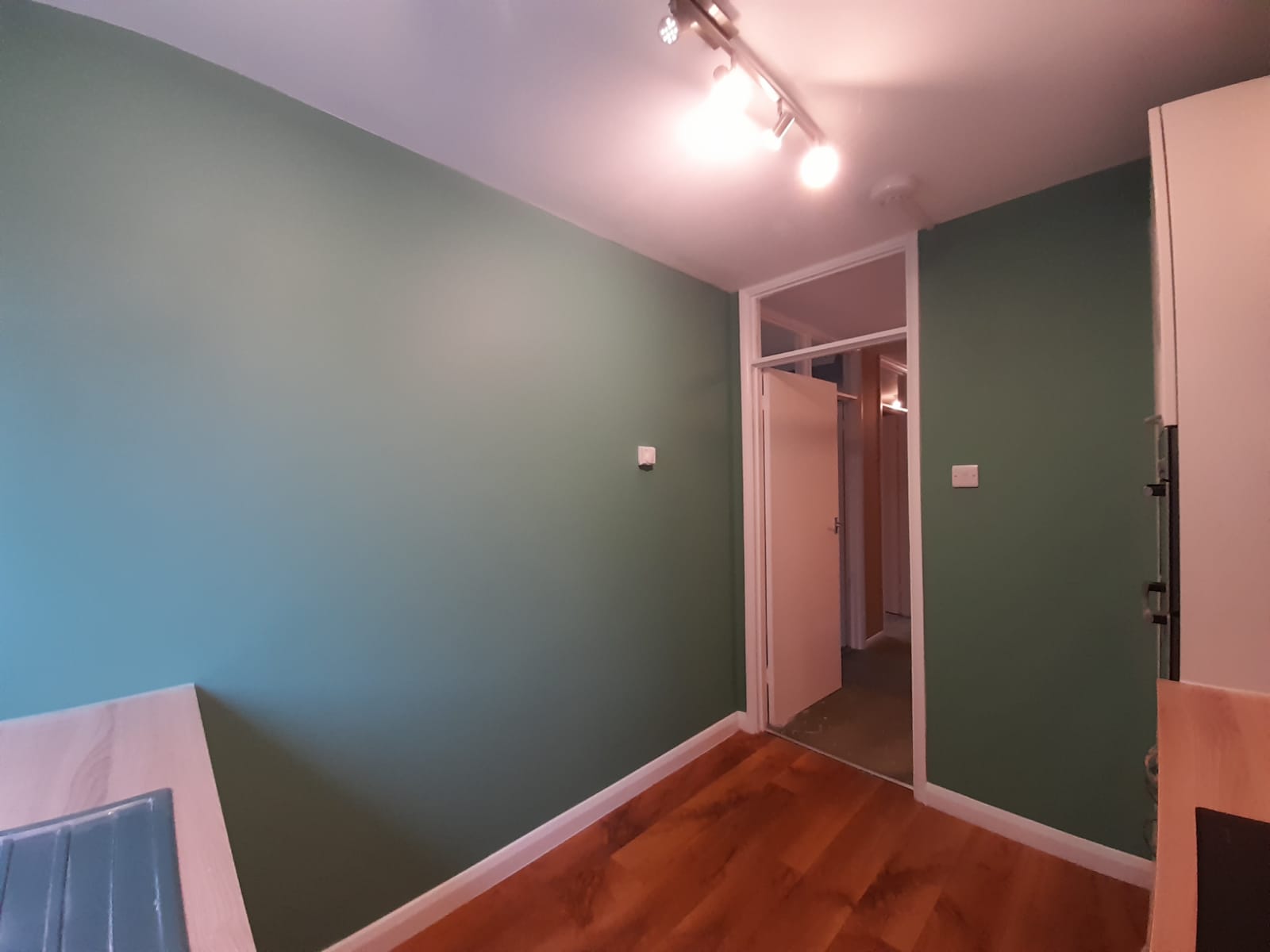Room with sage green walls and white woodwork